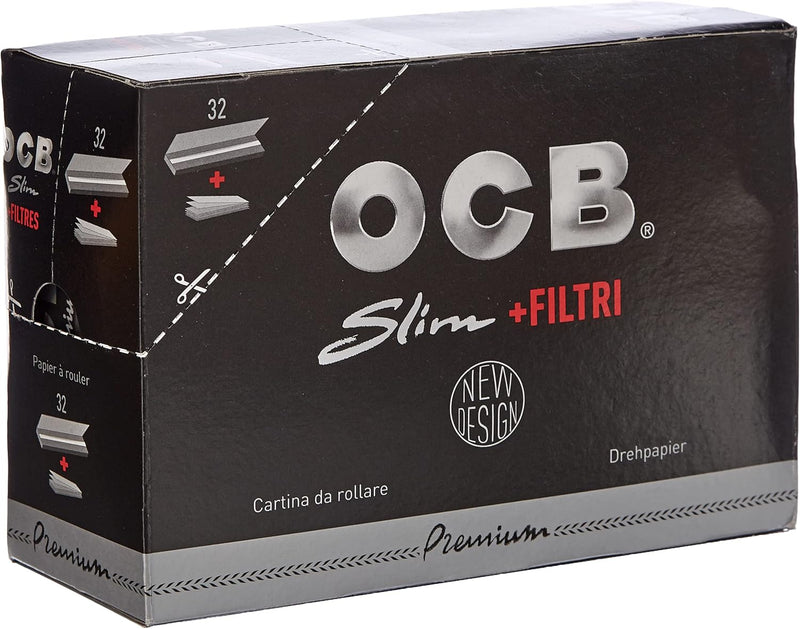 OCB Schwarzes Premium Slim Paper + Tips - 32 Heftchen a 32 Blatt - Langes Papier plus Tips