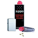 Zippo Chrom Standard (gebürstet / brushed) im Set: Zippo Feuerzeug + 125ml Benzin + 6x Feuersteine im Spender