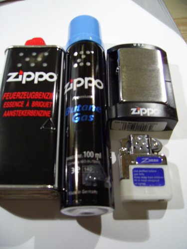 Zippo Feuerzeug Chrome brushed + Benzin + Gaseinsatz + Gas
