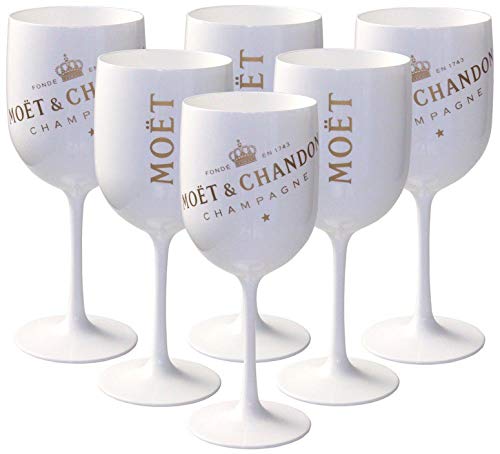 6 x Moët & Chandon Ice Impérial Acryl-Glas Champagner Gläser-Set in weiß/gold Champagne Becher Kelche inkl. Untersetzer (6 Stück)