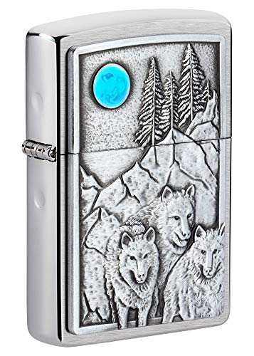 Zippo Unisex-Erwachsene and Moon Emblem Brushed Pocket Lighter Feuerzeug, GebÃ¼rstetes Chrom Wolf Pack und Mond, EinheitsgrÃ¶Ãe