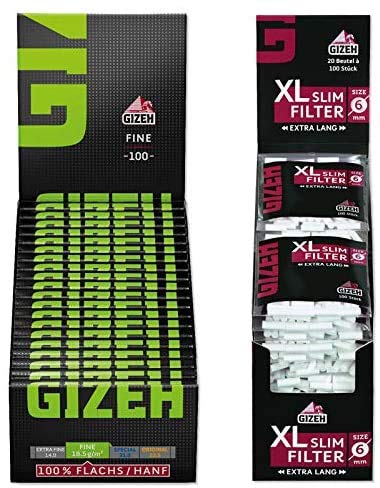 Set Gizeh Black Fine Magnet Zigarettenpapier (20x100) + XL Slim Filter Ø 6mm extra Lang (20x100) Slimfilter