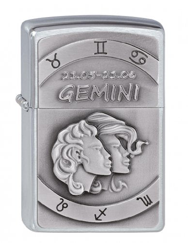 Zippo Feuerzeug 2002074 Gemini Emblem Benzinfeuerzeug, Messing, Brushed Chrome, 1 x 3,5 x 5,5 cm